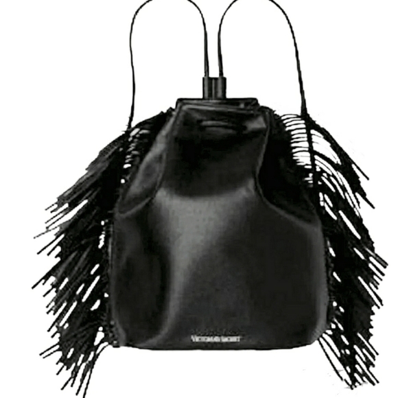 Victoria's Secret Large Black Faux Leather Fringe Drawstring Backpack Tote Purse - Picture 3 of 11